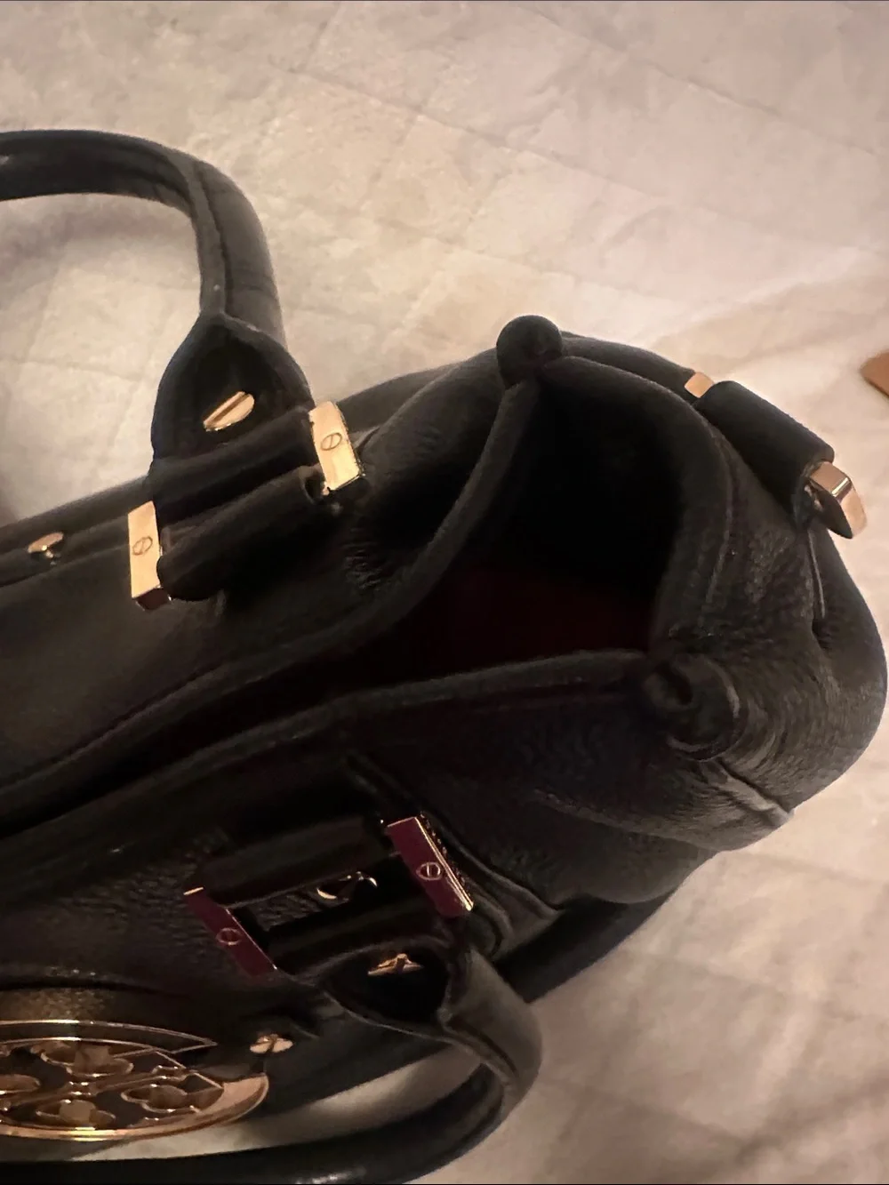 Tory Burch Black Leather Shoulder Bag with Gold Logo Medallion